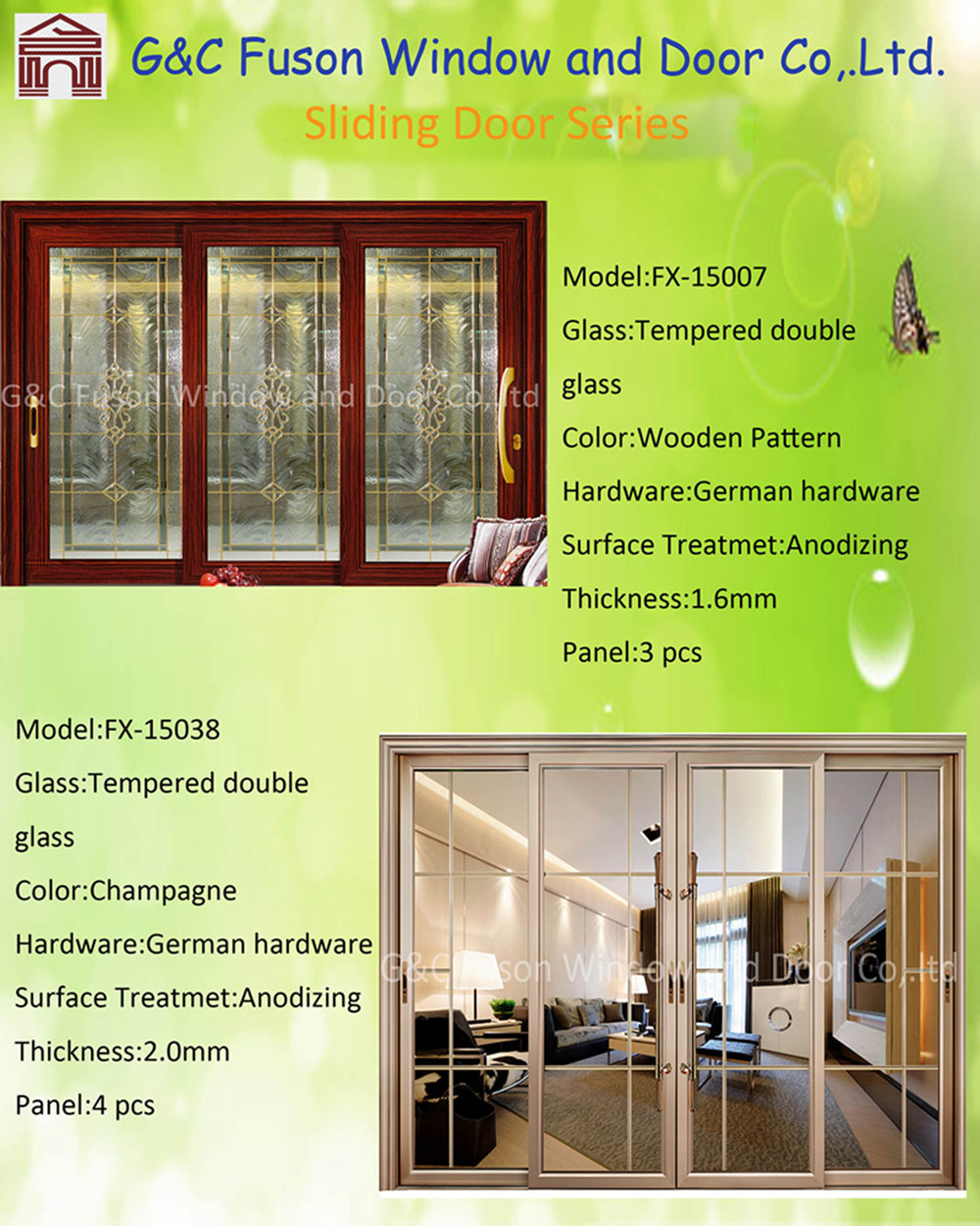 Powder Coated Double Tempered Glass Aluminum Sliding Doors