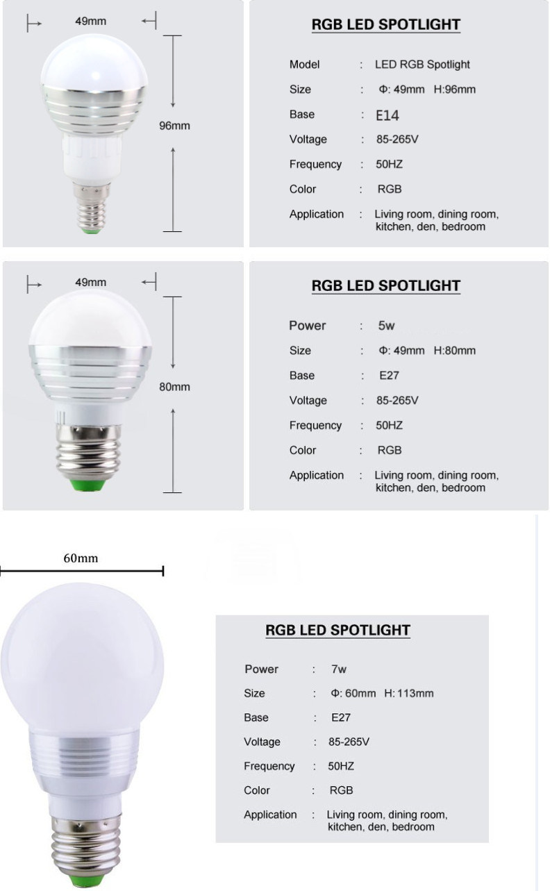 E27 E14 LED 16 Color Changing RGB Magic Light Bulb Lamp 85-265V 110V 120V 220V RGB LED Light Spotlight + IR Remote Control