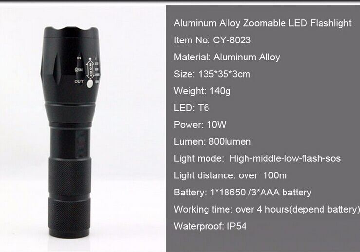 1000 Lumen Handheld Flashlight LED Xml T6 Water Resistant Camping Torch Adjustable Focus Zoom Tactical Aluminum Flashlight