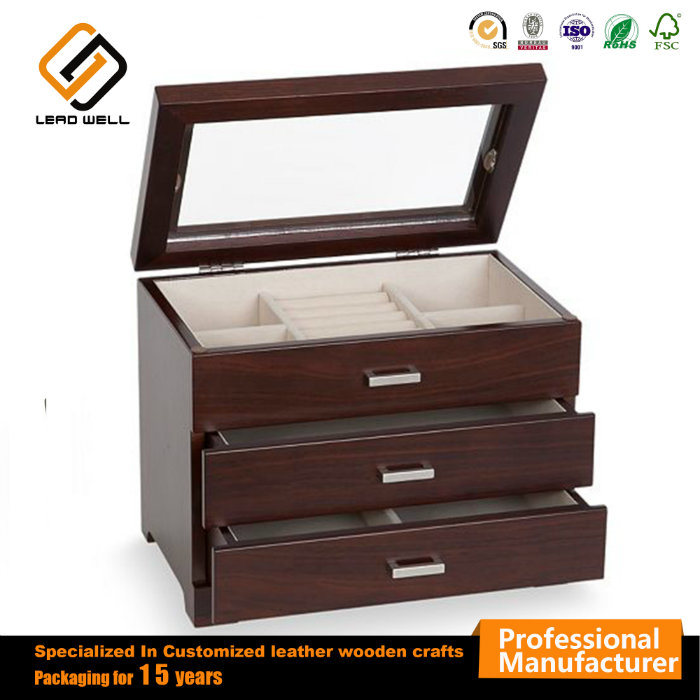 Jewelry Storage Case W/Drawer Glass Top Box Display