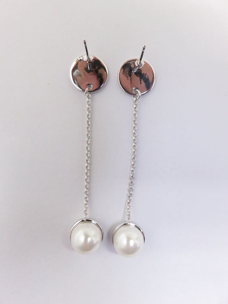 White Pearl Ear Stud Long Women Earrings in Copper Brass with White Gold Plated