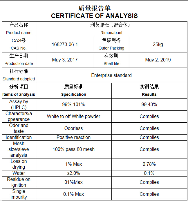 99% Purity Factory Supply Rimonabant/Acomplia Powder for Weight-Loss CAS 168273-06-1