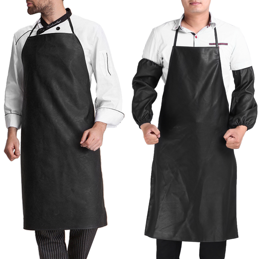 Hot Mens Womens Convenient Faux Leather Chef Apron Waterproof Kitchen Cafe Commercial Restaurant Cooking Aprons + Cuff