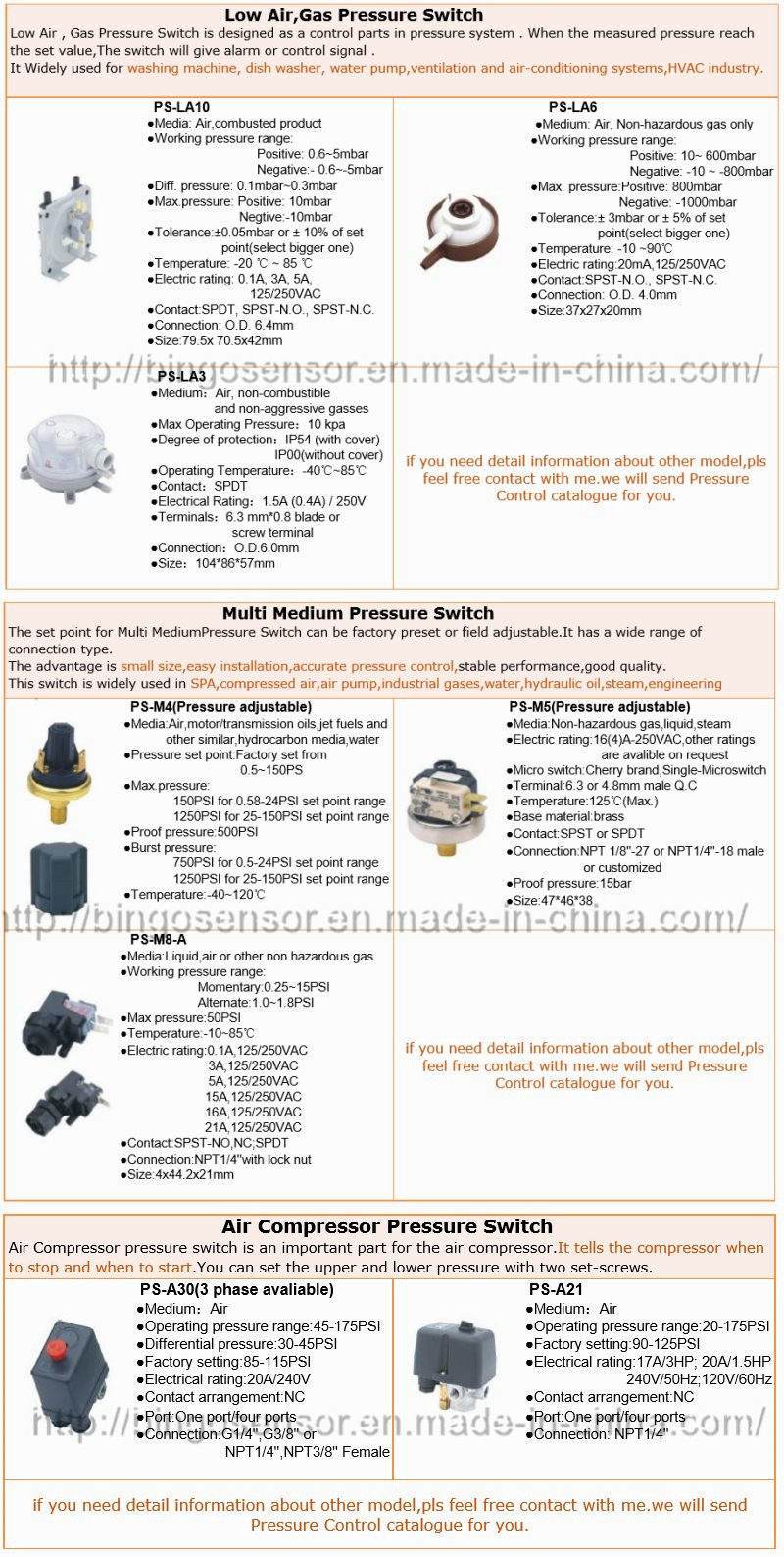 Pressure Switch Series for Low Air, Water Pump, Controller, Inverter