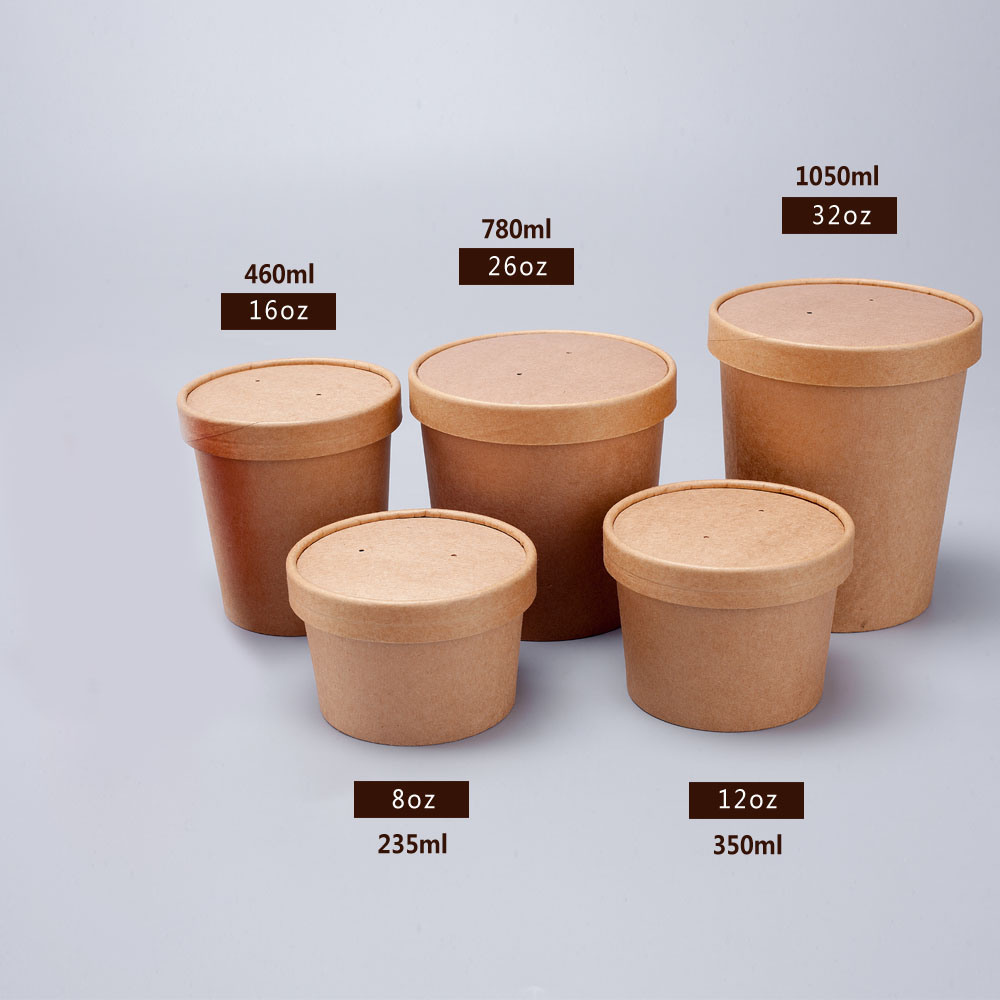 Disposable Kraft Paper Cup with Cover for Ice Cream Soup Dessert Cake Party Tableware Bowl