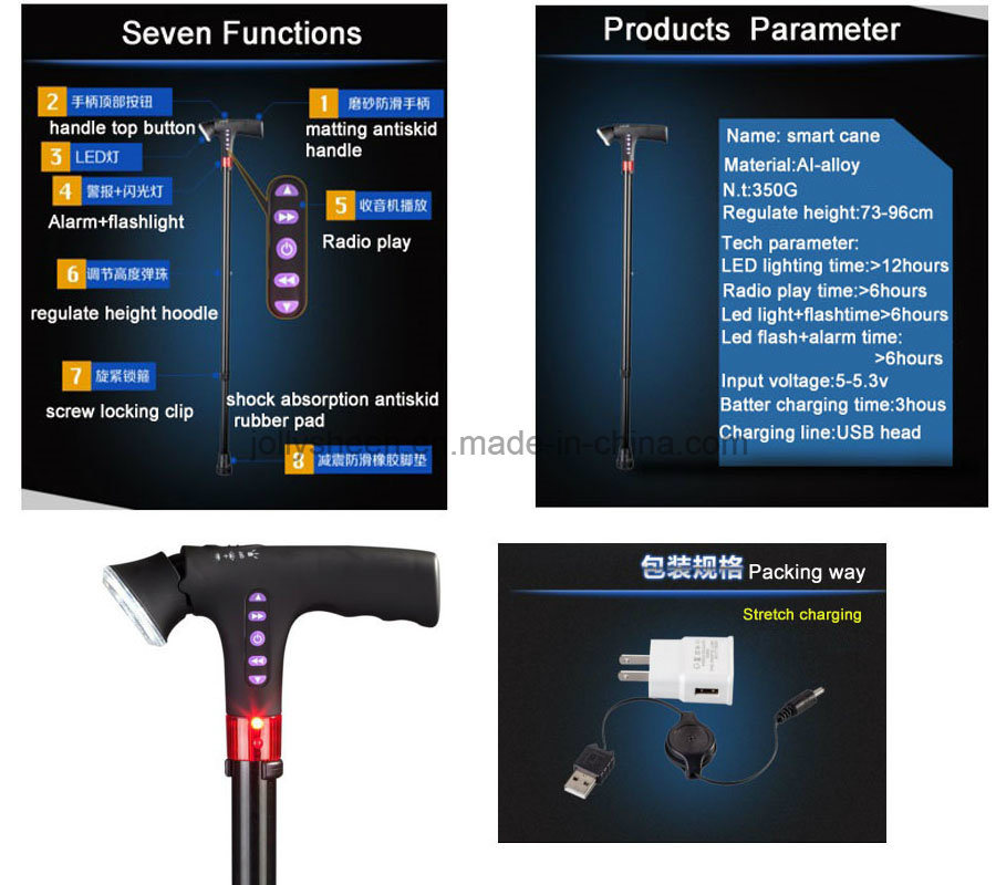 Shenzhen Factory Production and Wholesales Muilt-Function Cane Smart Walking Stick with LED Light Turned Part Folding Pole Compliant for Ce, RoHS, FCC