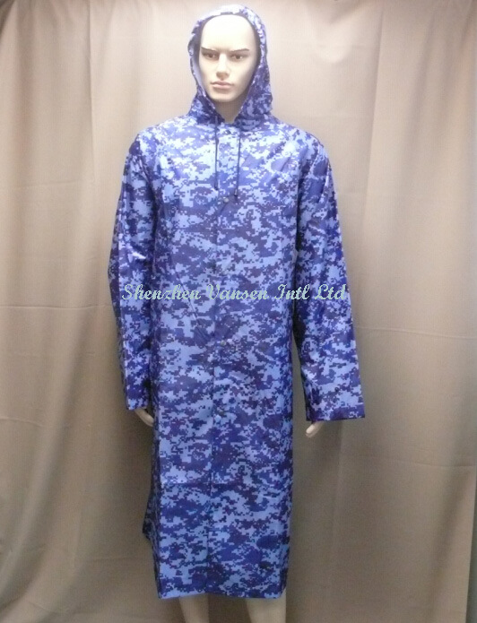 Blue Camouflage Waterproof Long Raincoat with Hood