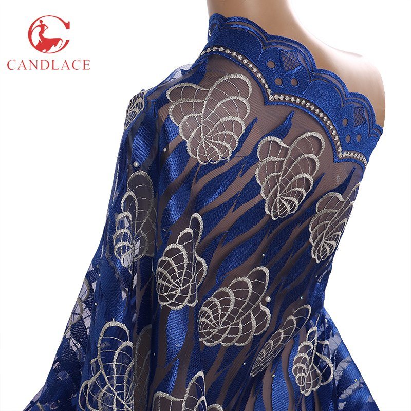 New Arrival African Blue Tulle Lace Tulle Beaded Lace Fabric with Wholesale Price