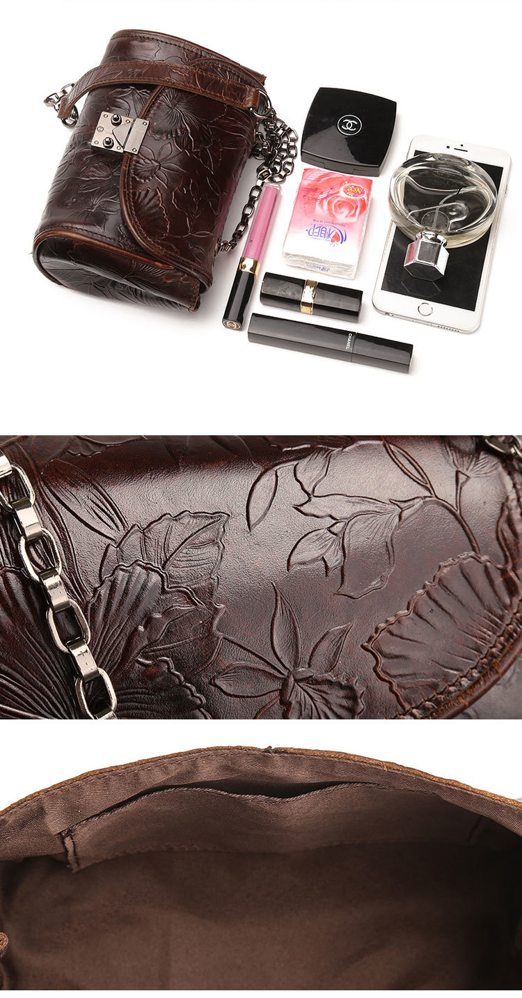 China Factory Cheap Price Embossed Flowers Pattern Brown Leather Sling Bag for Women