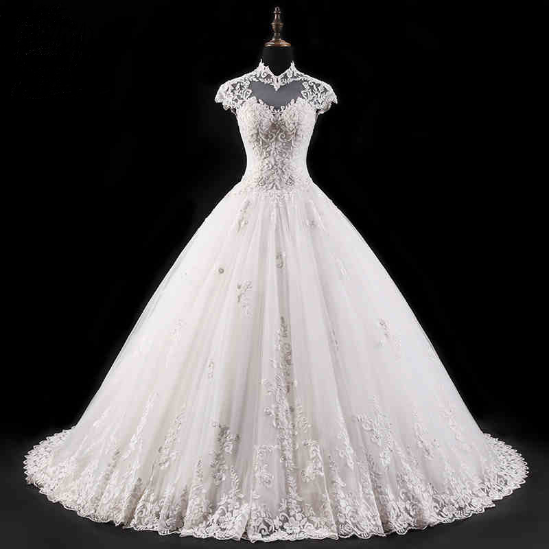 High Collar Backless Beading Lace Bridal Wedding Dress