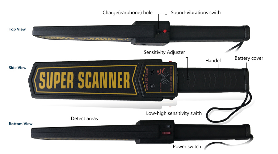 MD3003b1 Super Scanner Hand Held Metal Detector with Standard 9V Battery