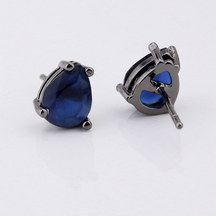 Pear Shape Blue Color Stud Earring with Black Rhodium Plated