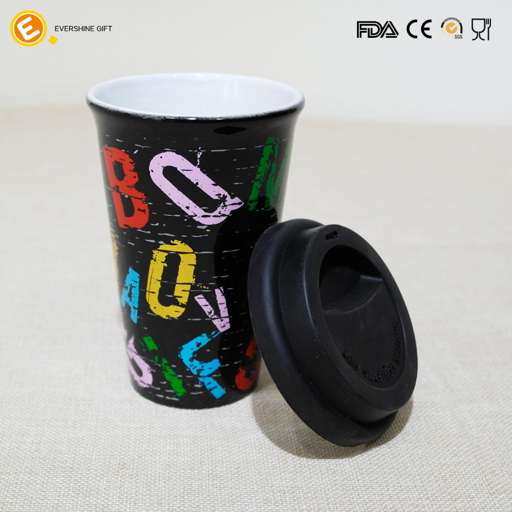 330ml Ceramic Travel Mug with Black Silicone Lid