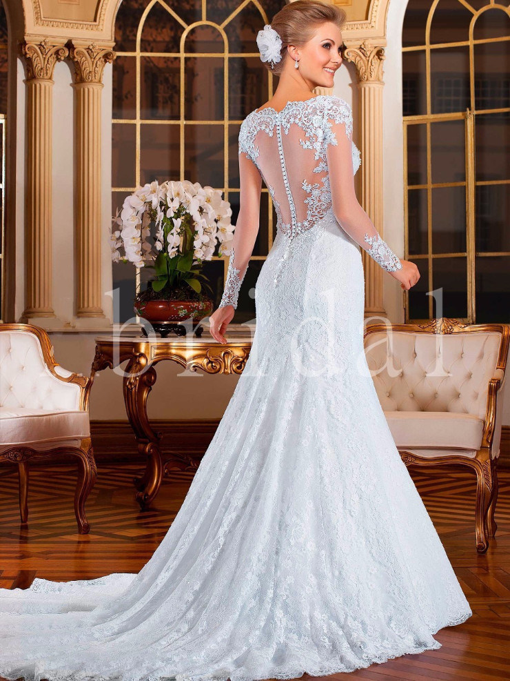 Luxury Mermaid Trumpt Transparent Long Sleeves Lace Pattern Wedding Dress