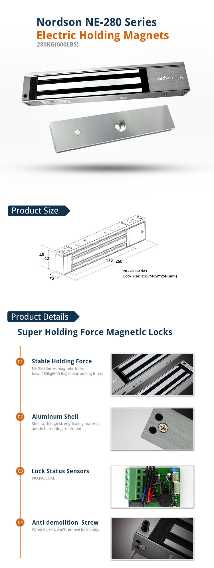 280kg/600lbs DC12V Aluminum Copper Coil Electronic Magnetic Door Lock for Single Door