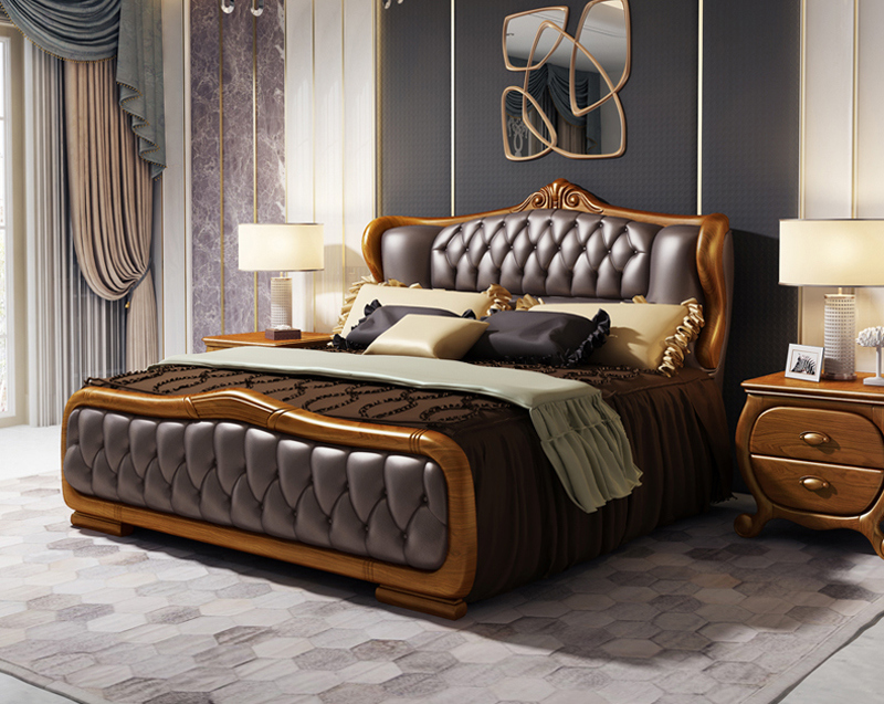 2018 Italian Style Solid Wood Leather Bed for Bedroom (HC630)