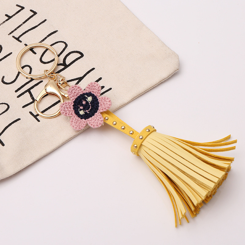 Yellow Tassel Flower Bag Pendant Keychain Leather Tassel Keychain