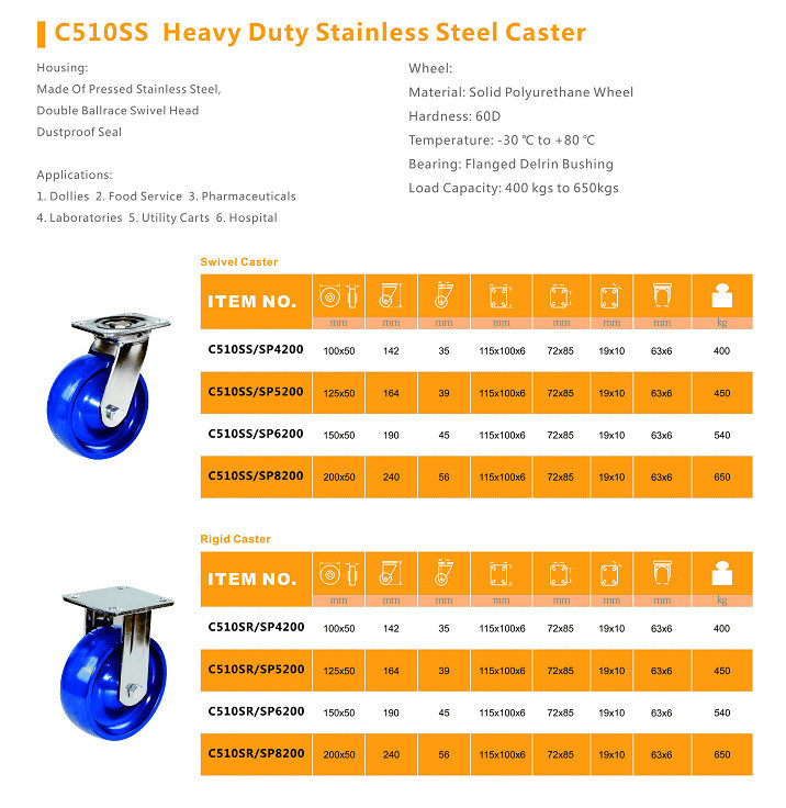 Swivel Stainless Steel Caster with 8inch Solid PU Wheel