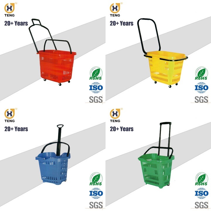 Xj-9 Supermarket Plastic Shopping Basket with Handle and Wheels