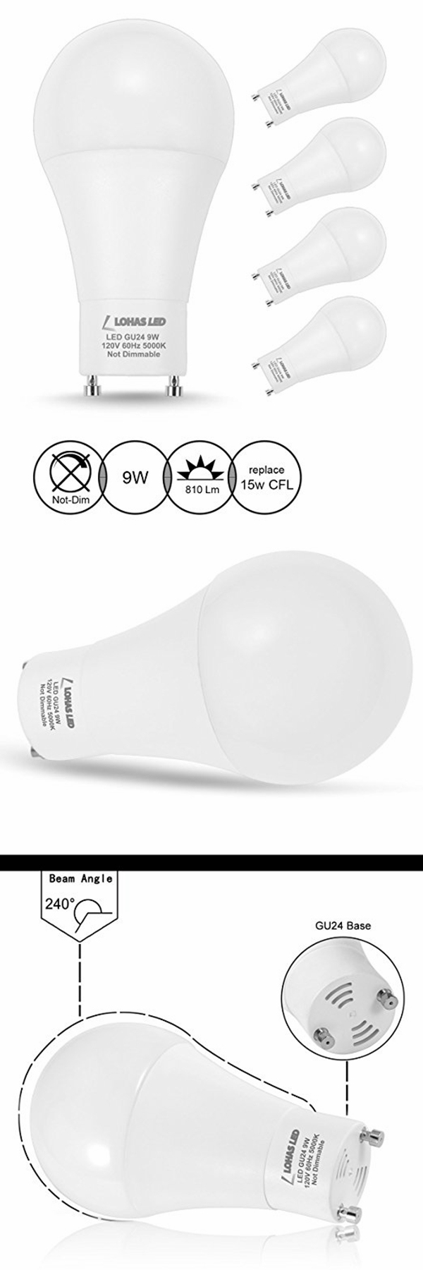 Lohas New 9W Gu24 LED Light Bulb with Natural White Light (5000K)