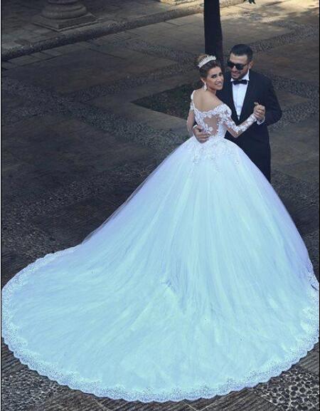 Lace Bridal Ball Gown Long Sleeves Tulle Wedding Dresses We2015