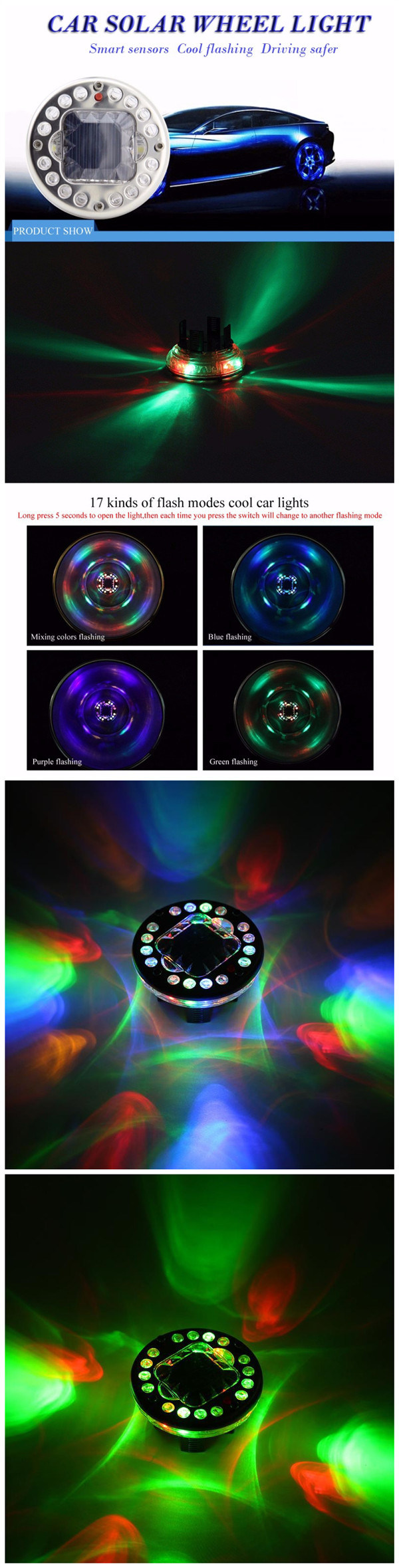 18 LED Solar Energy RGB Flash Car Wheel Tire Valve Cap Lights