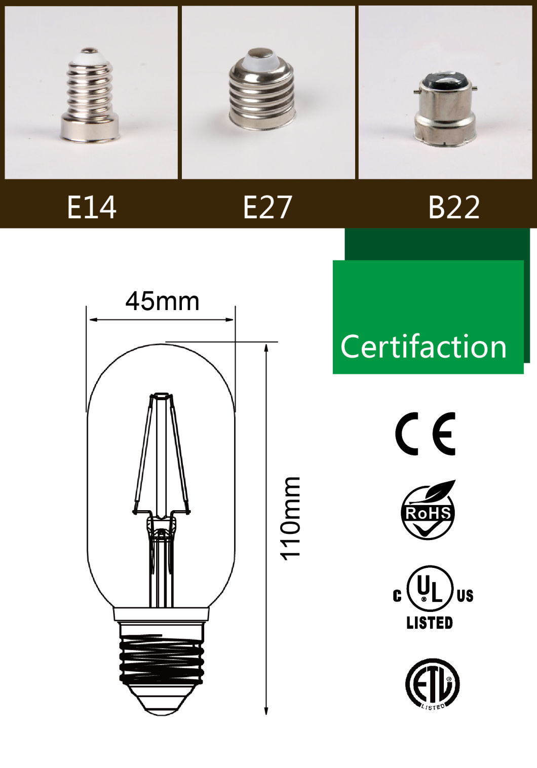 Dimmable LED Edison Bulb 6W/T45 LED Filament Bulb with/Ce/RoHS/Light/Lamp