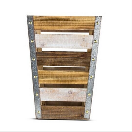Large Vintage Stackable Weathered Wood Slat Metal Element Tapered Crate