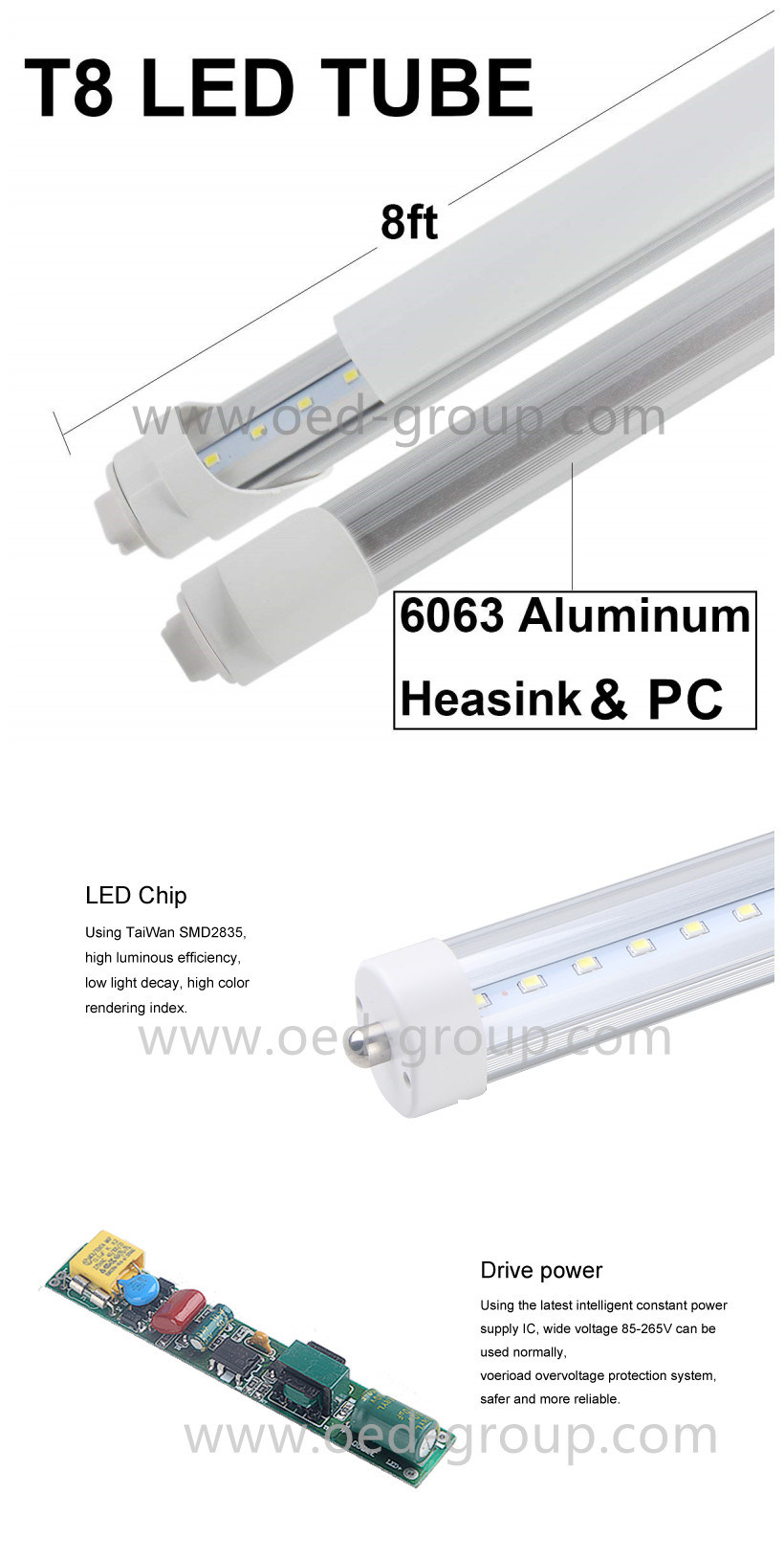 AC85-265V 36W 40W 8FT T8 LED Tube Lamp with 3600lm Ce RoHS