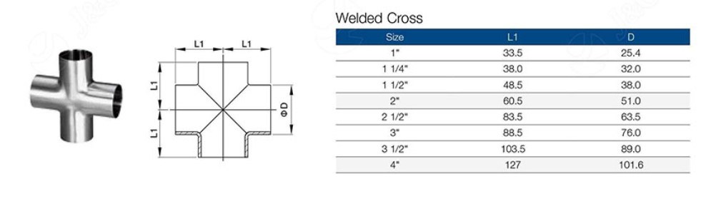 Sanitary Stainless Steel Pipe Fitting Accessories 3A Matt Polished Clamp Equal Long Cross