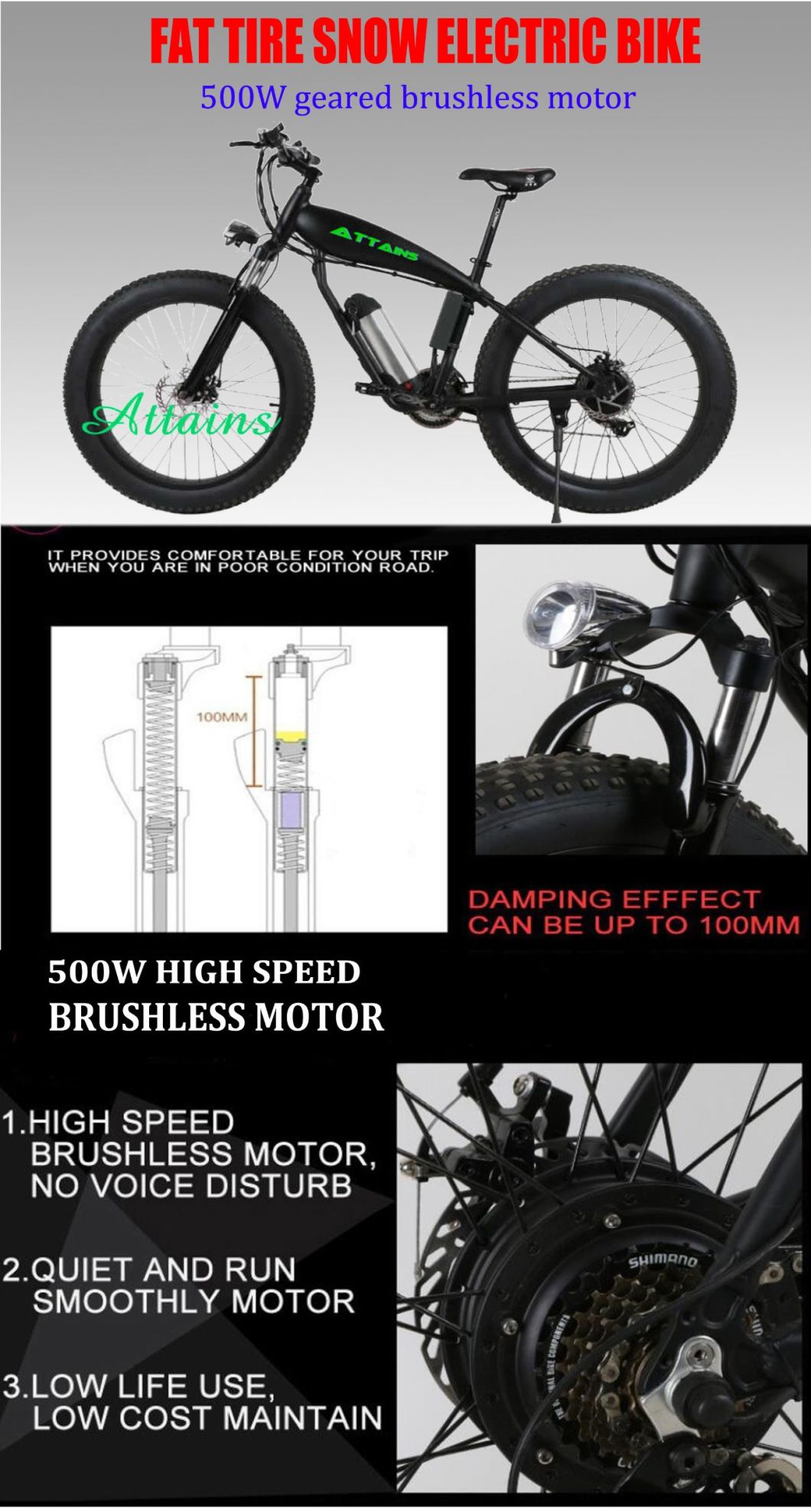 Fat Tire Mountain Electric Bicycle with 500W Motor Ebike