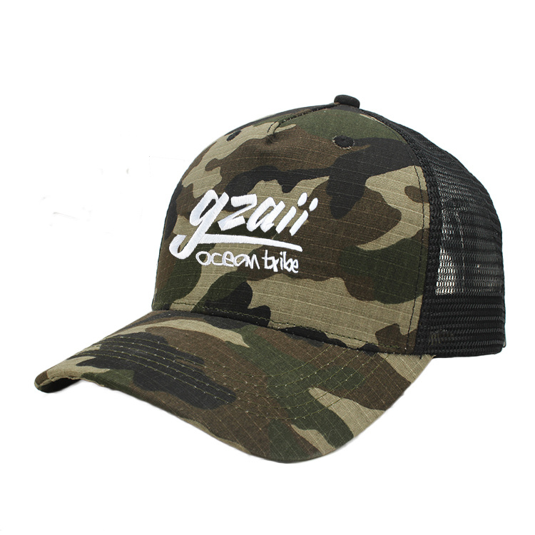 6 Panel Embroidered Camo Trucker Mesh Cap