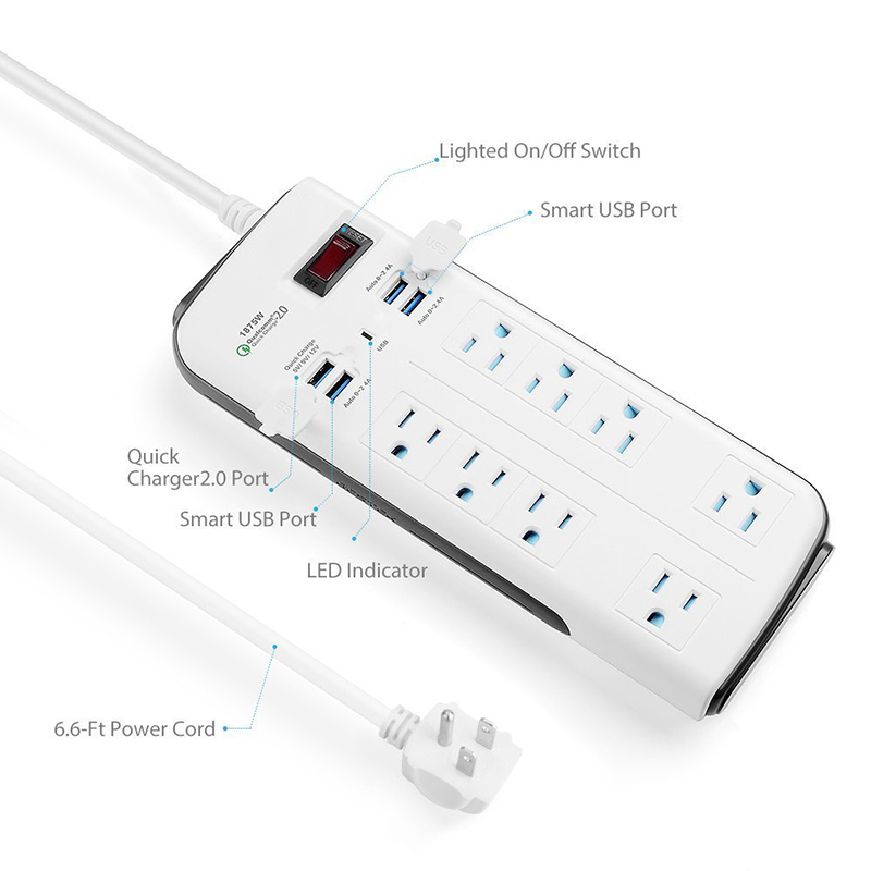 Power Strip 8 AC Outlets and 4 USB Ports Surge Protector Smart Extension Sockets for Travel Adapter