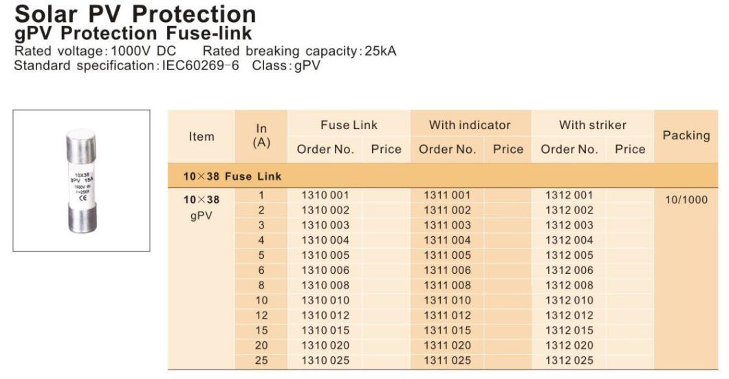 Ce Certificate PV System 900V 10A DC Solar Fuse