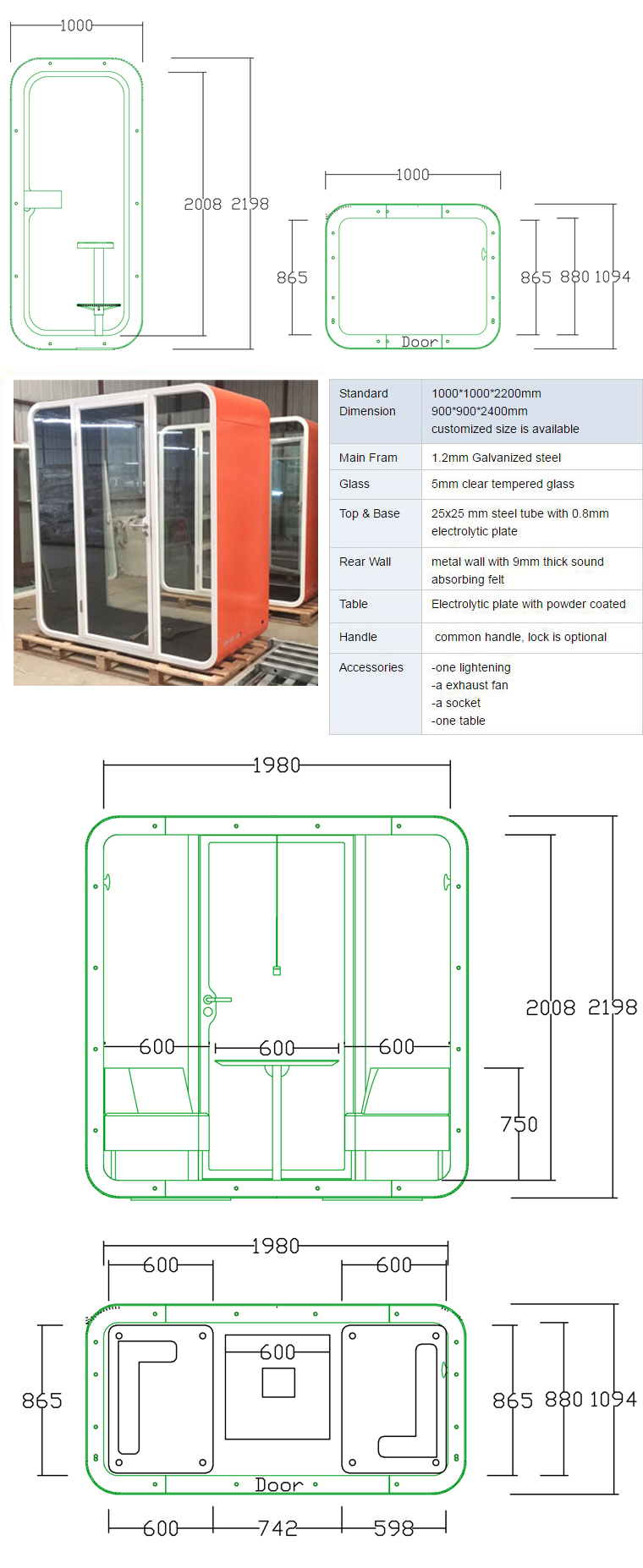High Quality Customized Galvanized Steel Soundproof Meeting Pod/Office Phone Booth with Multi-Color