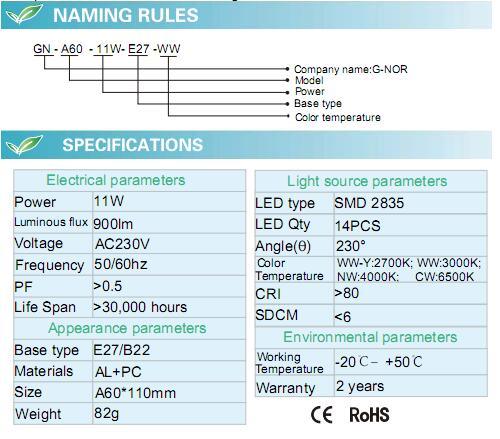 LED Bulb A60 11W Ce RoHS Approval