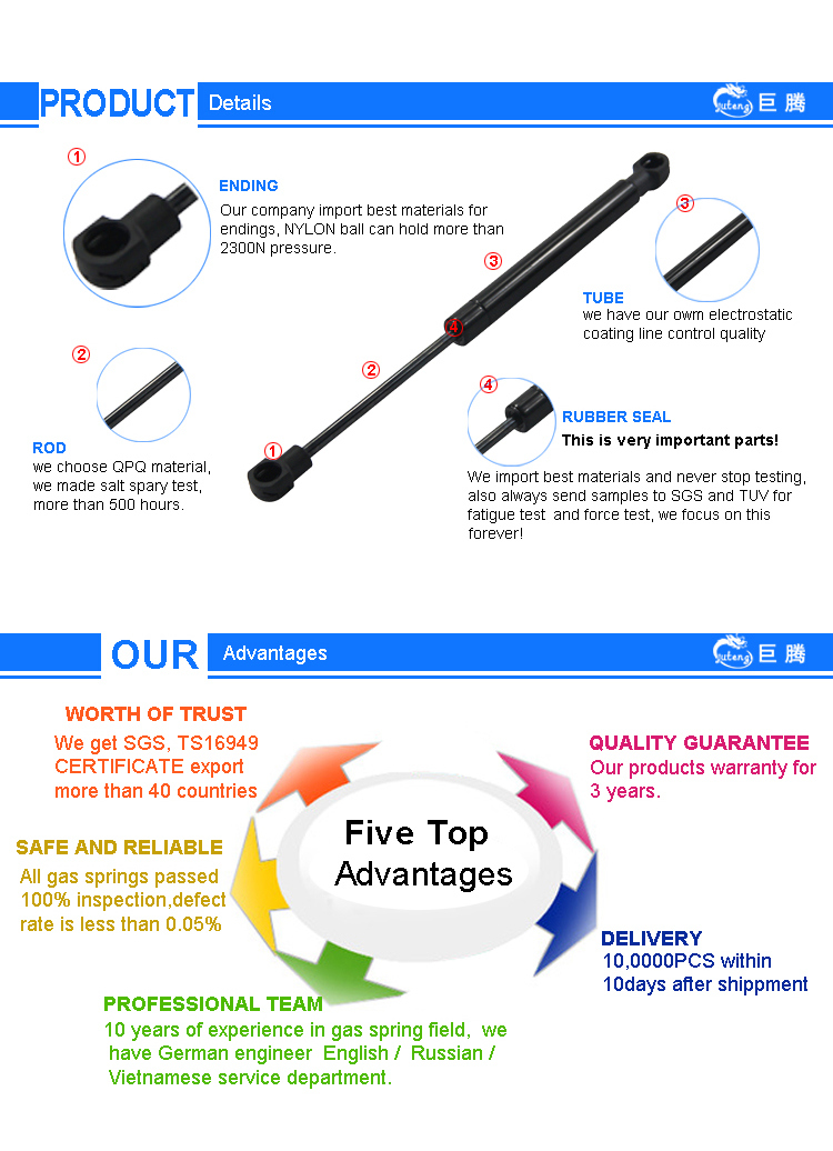 Hot Sale Lift Gas Spring with Support Function 300n for Truck Hood