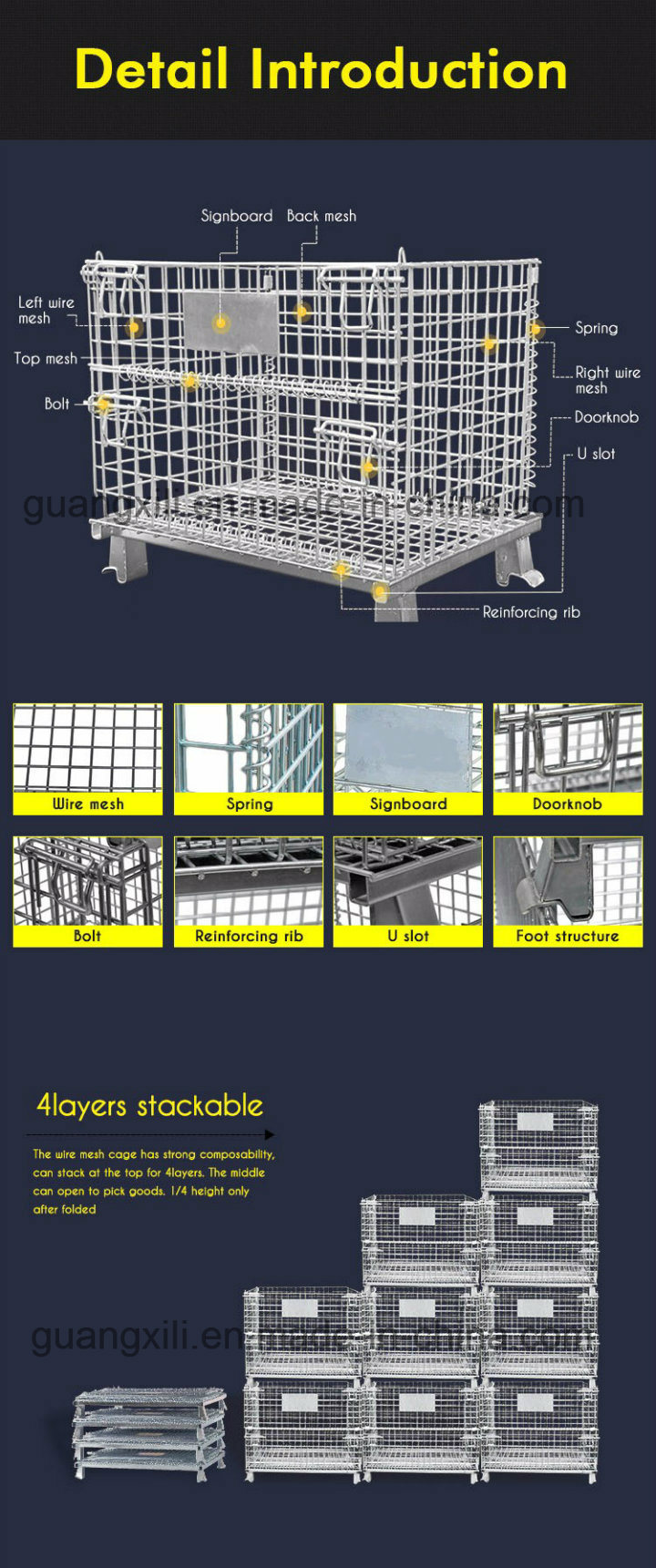 Foldable & Stackable Heavy Duty Wire Mesh Cage for Warehouse Storage