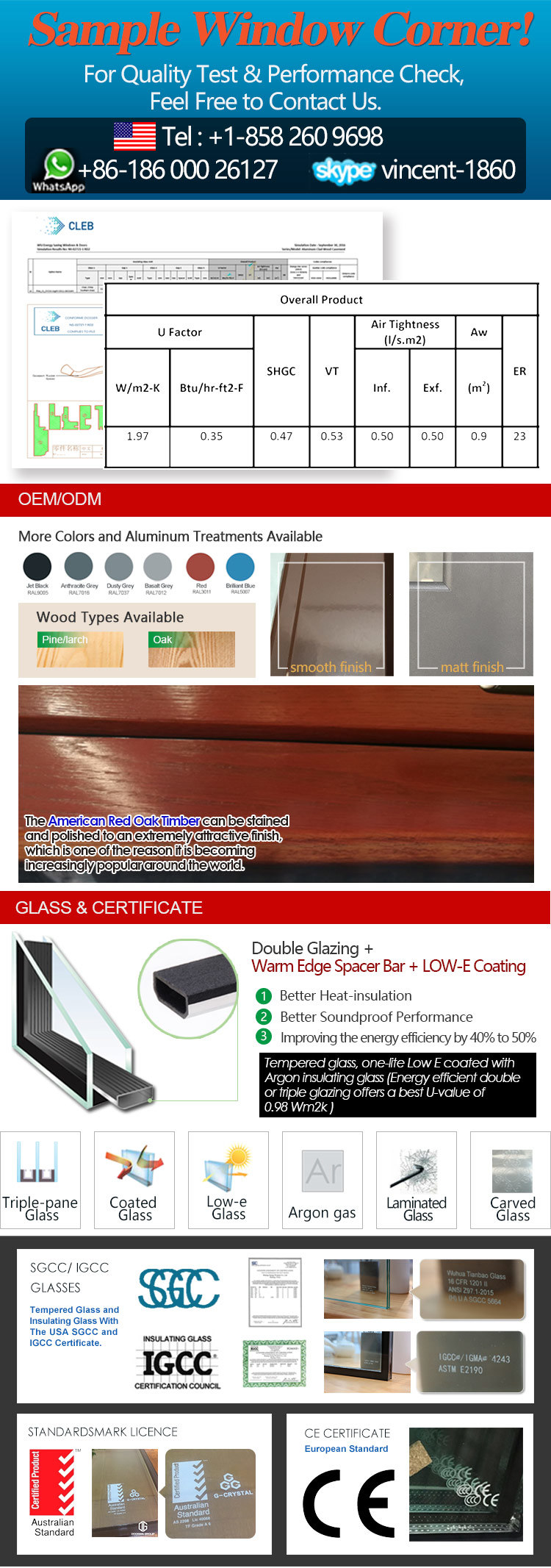 American Oak Wood Aluminum Crank Casement Window