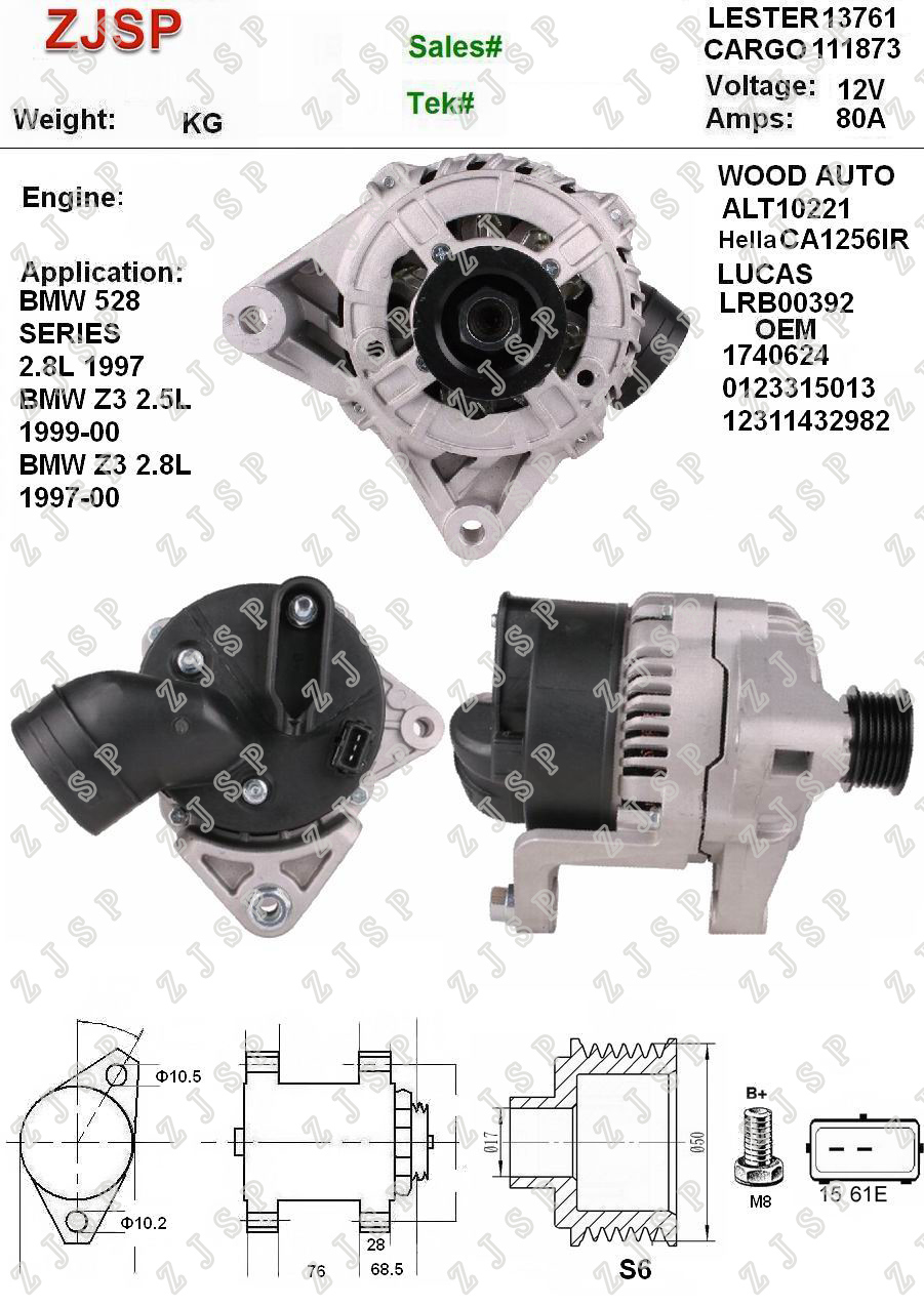 BOSCH Alternator ZJA-B-165	CA1256IR	LRB00392	111873	0123315013 12311432982	13761	ALT10221	12V/80A	S6	BMW 528 SERIES 2.8L 1997BMW Z3 2.5L 1999-00B