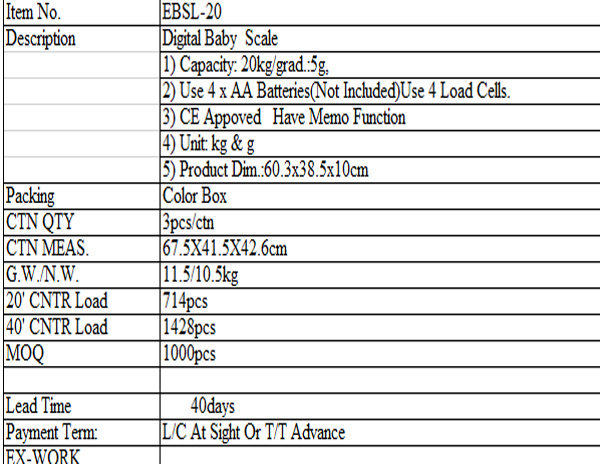 Ce ISO Approved Digital Baby Scale / Electronic Infant Scale Ebsl-20