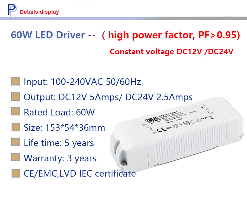 Ce Constant Voltage 60W 12V Strips Power High PF for LED Strips