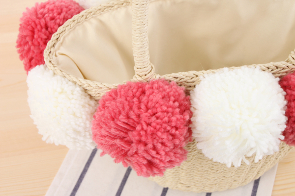 2018 Fashion POM POM Straw Tote Bag, Summer Beach Basket Weave POM POM Straw Bag