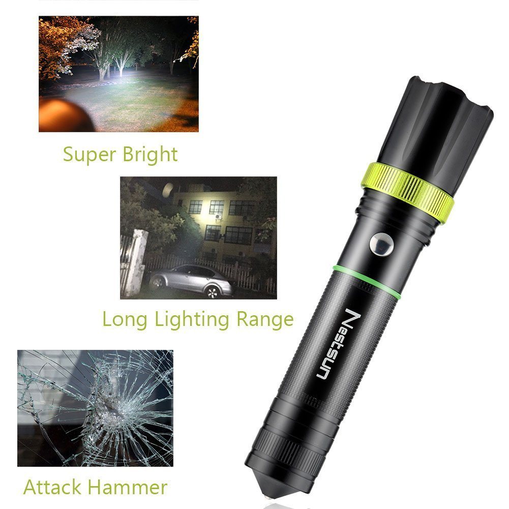 Multifunction Rechargeable Focus Adjustable LED Torch with Knife Glass Breaker Hammer Zoomable Tactical Flashlight