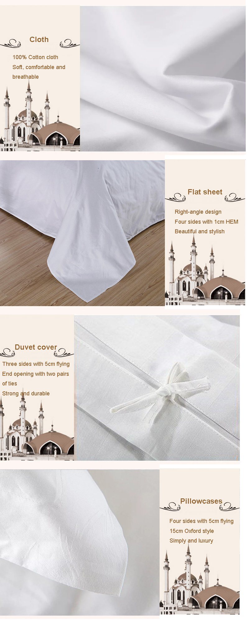Quality Hotel Satin Bedding Set White Full Cotton Hotel Bed Sheet Set (JRD995)