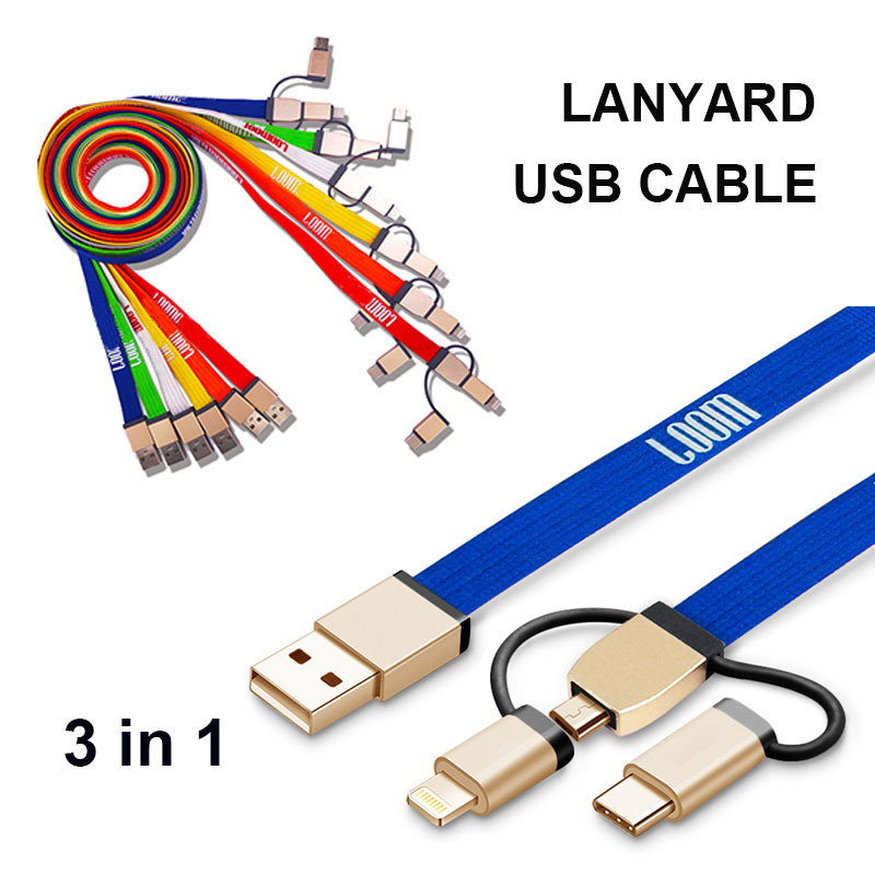 Blue Lanyard USB Cable with 3 Adapters Gift for Mobile Phone Charging Promotion Gift
