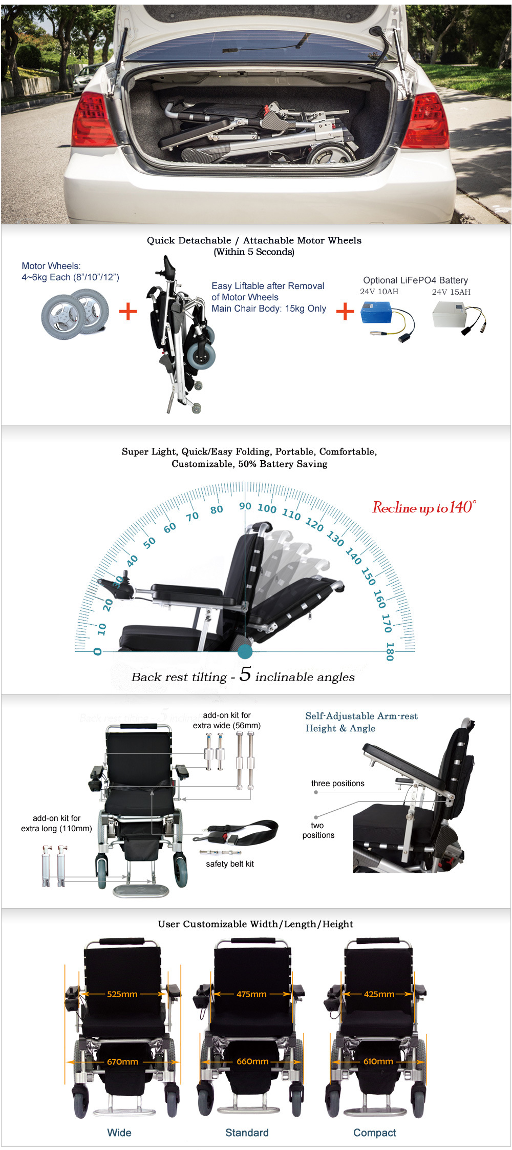 Goldne Motor 8'', 10'' 12'' E-Throne Lightweight Brushless Foldable Electric Wheelchair