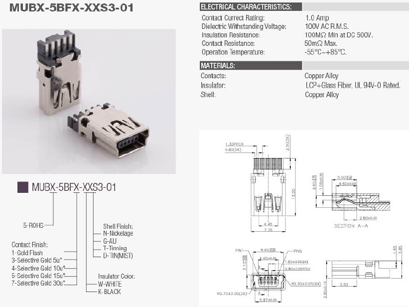 Mini USB B Type Receptacle Conn. Solder Type