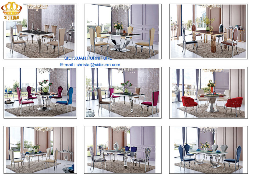 China Supplier Silver Stainless Steel Frame Dining Table Marble Top with Dining Chair for Home Furniture