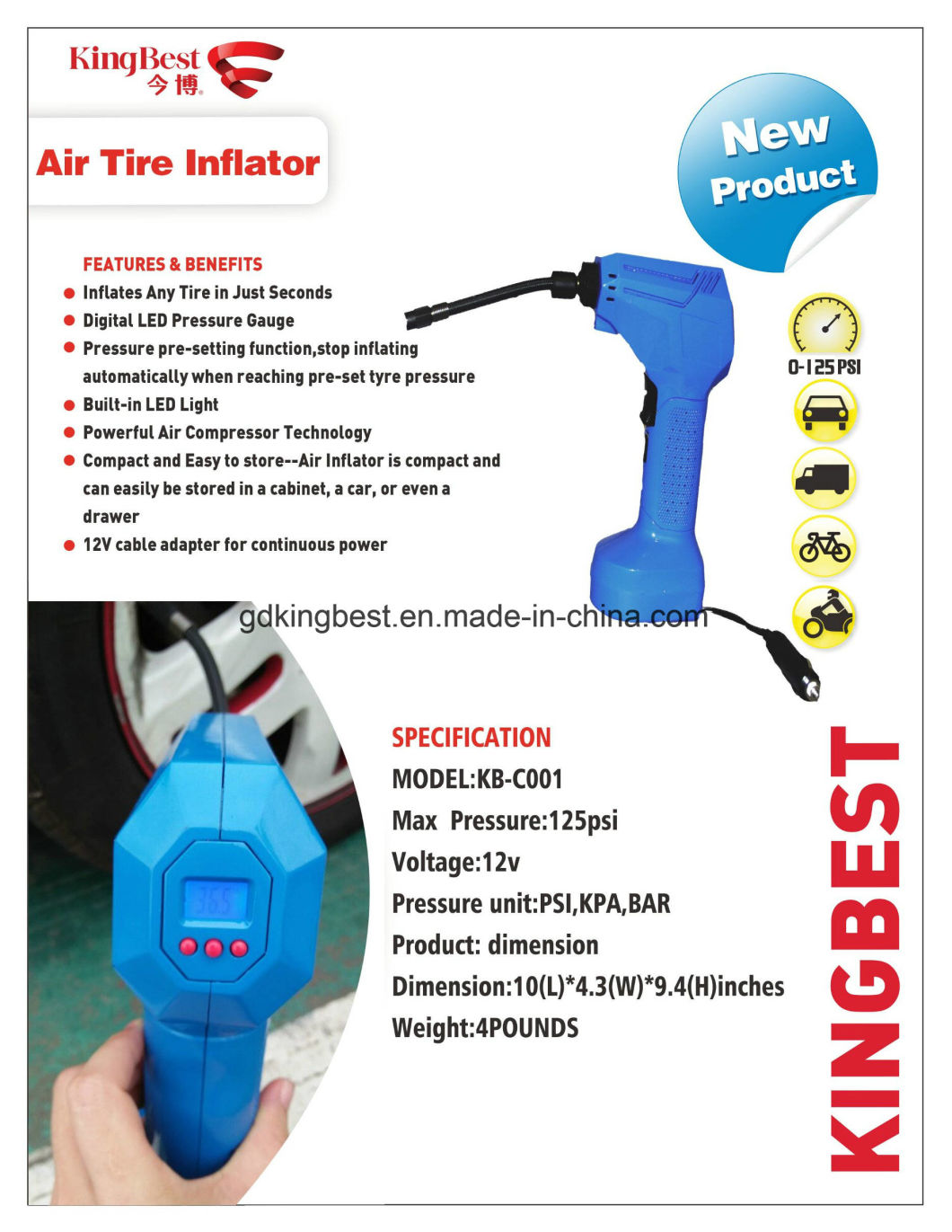 Portable 12V Electric Air Compressor Car Tyre Air Pump Also Works for Balloon and Sports Balls